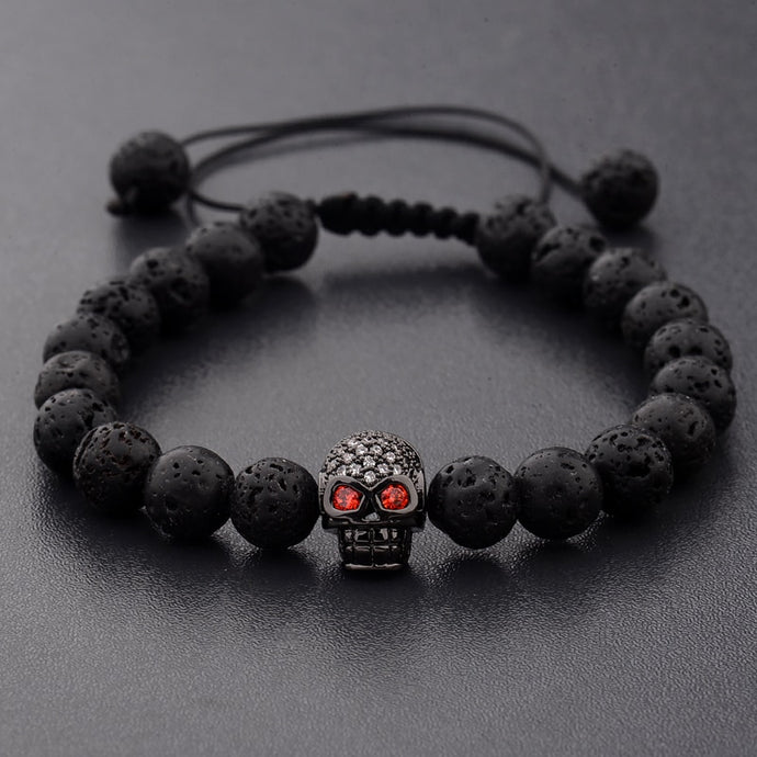 Skeleton Black Natural Lava Stone Beads Bracelet
