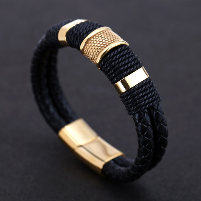 Gold/Silver/Black Leather Bracelet